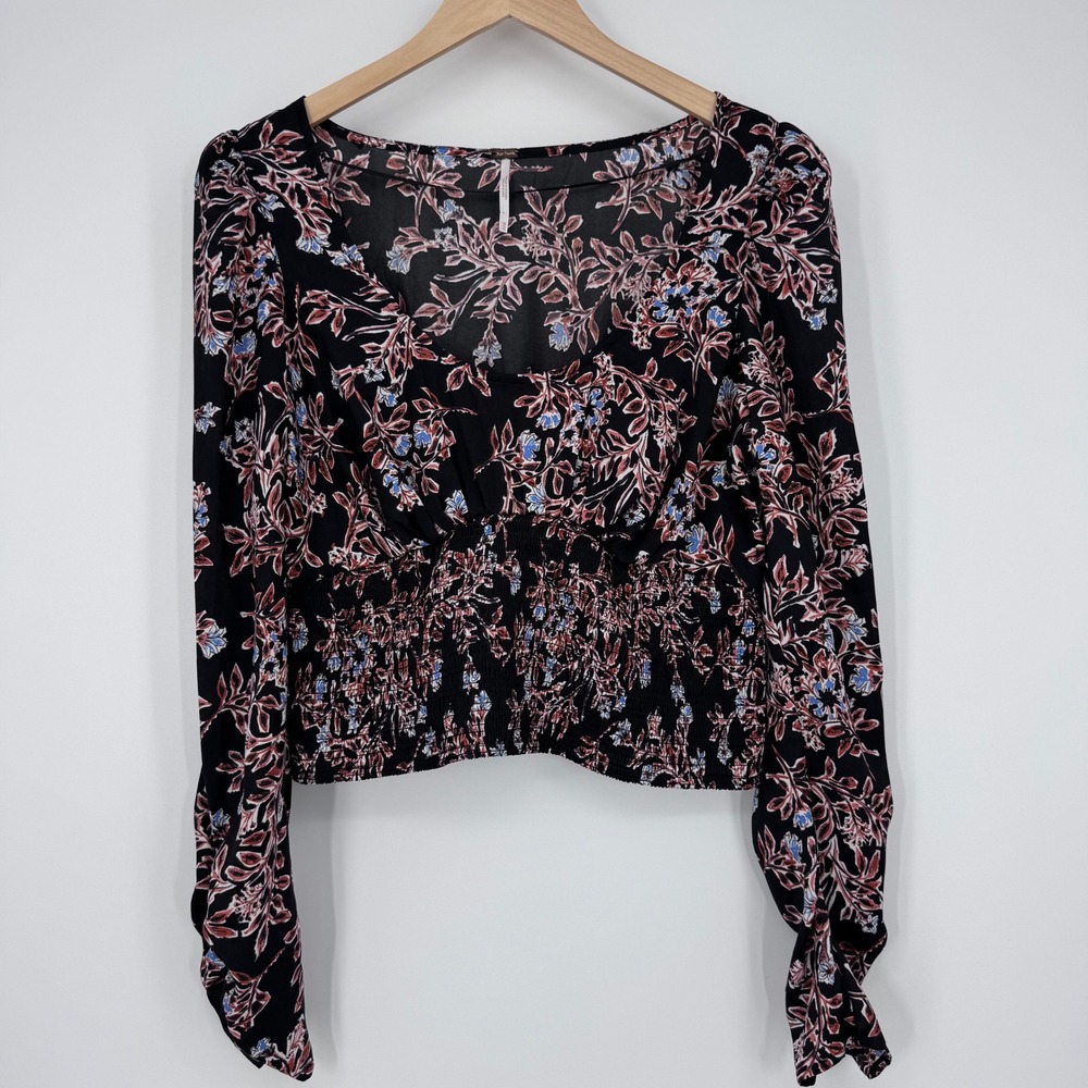Free People Santiago Crop Top Womens M Black Floral Smocked Scoop Neck Boho